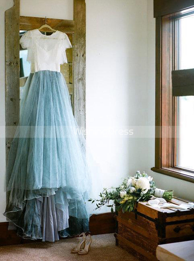 Navy Blue V Neck Wedding Dress With 3/4 Sleeves – Lisposa